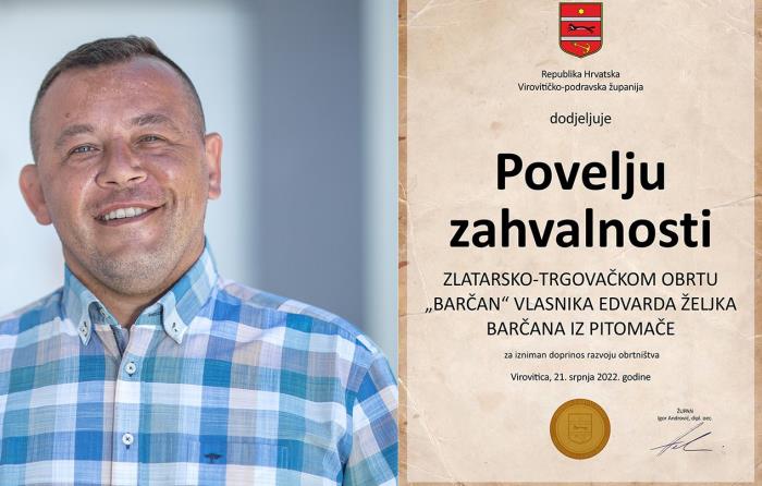 Zlatar Edo Barčan dobio Povelju zahvalnosti Virovitičko-podravske županije
